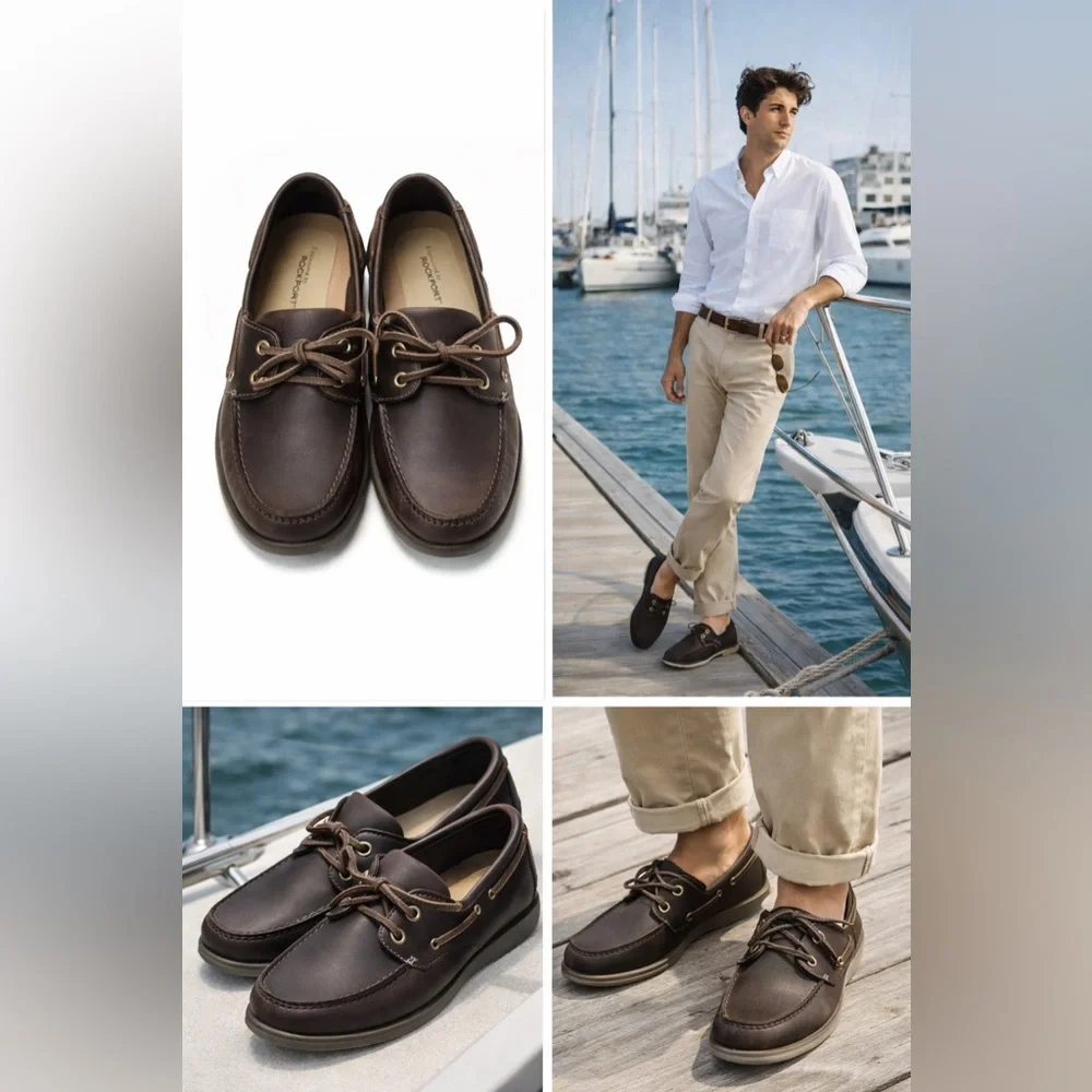 Rockport Leather Boat Shoes Mens Classic Deck Moc Dark Brown Comfort Casual 10